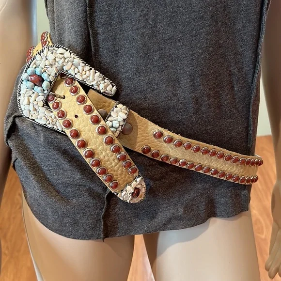 LeatherRock Vintage Tan Leather Belt W/Blue Studs And Multicolored Rock |Size:36 Leatherock belt and Pebble stones buckle, brown leather w  main image 2